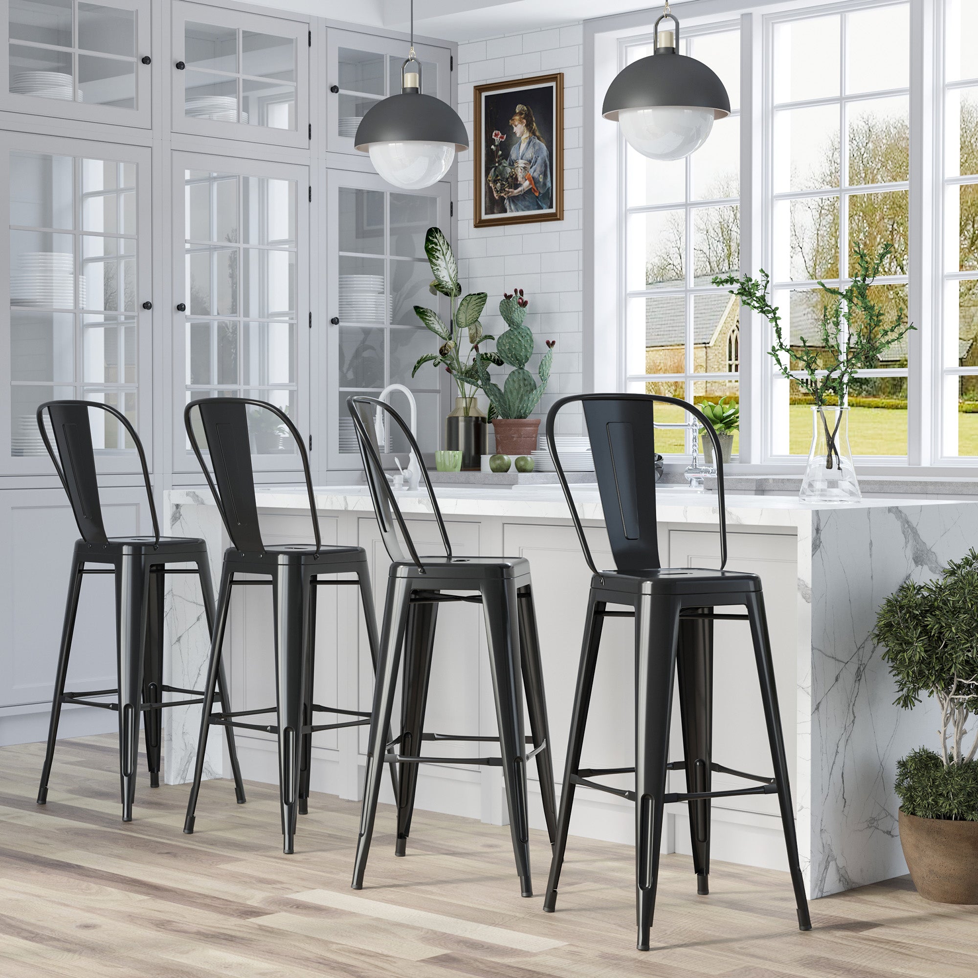 4er-Set Stapelbare Barhocker Industrieller Barstuhl mit Rückenlehne Fußstütze Sitzhöhe 76 cm Metall Schwarz