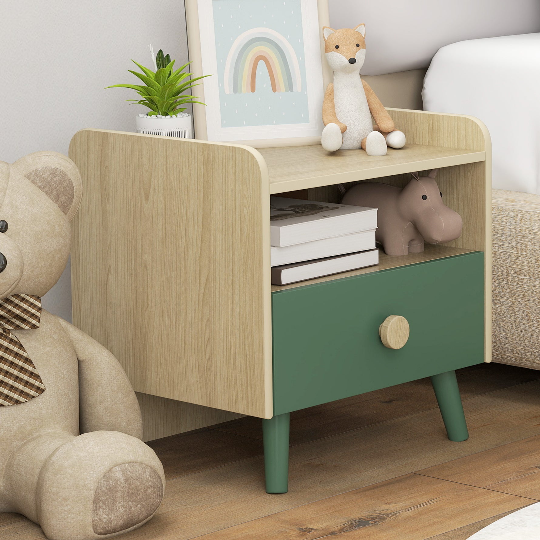 Table de chevet enfant table de nuit enfant avec tiroir et niche, petite table d'appoint en bois pour chambre d'enfant
