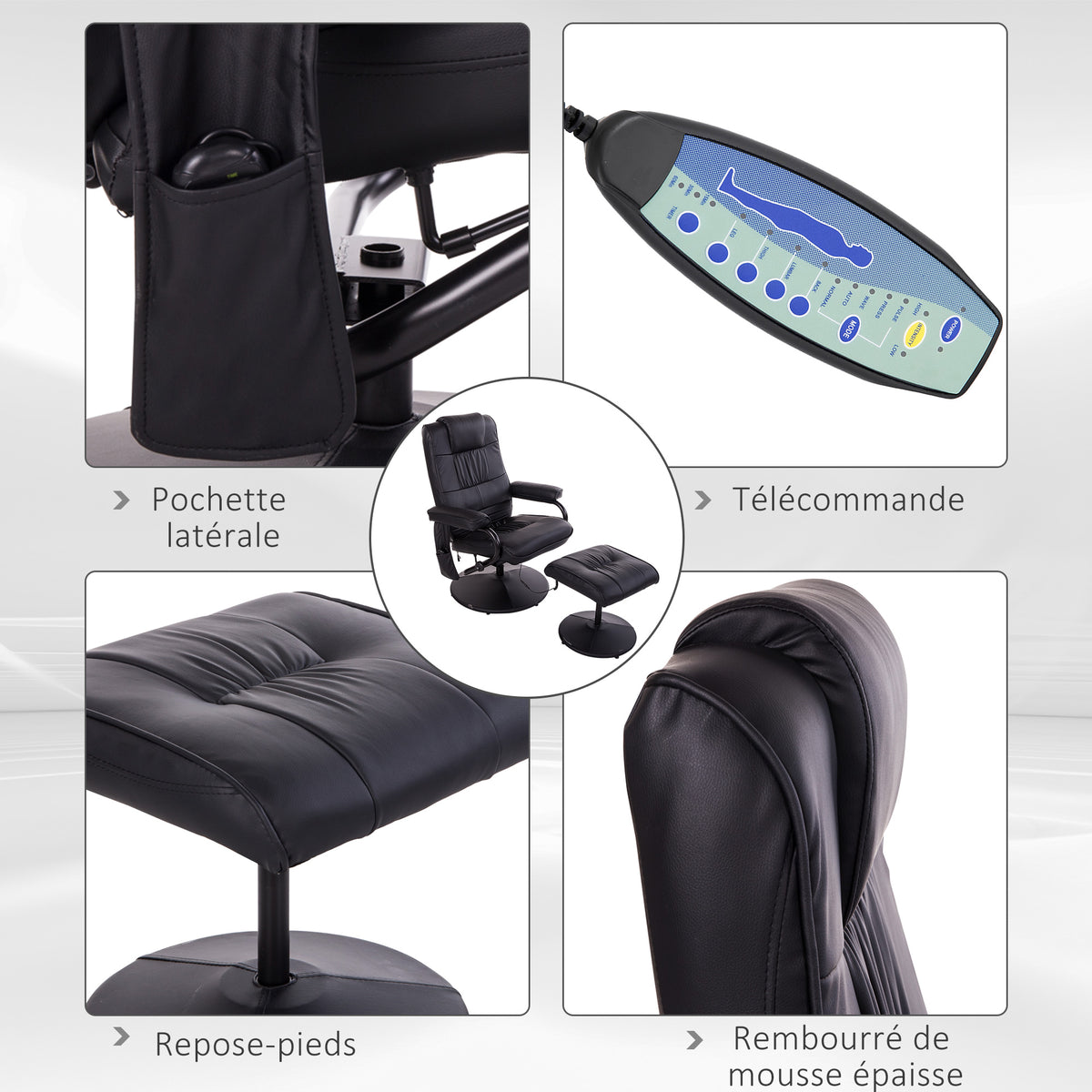 Elektrische, draaibare en verstelbare massage- en relaxfauteuil met voetensteun, bekleed met zwart kunstleer