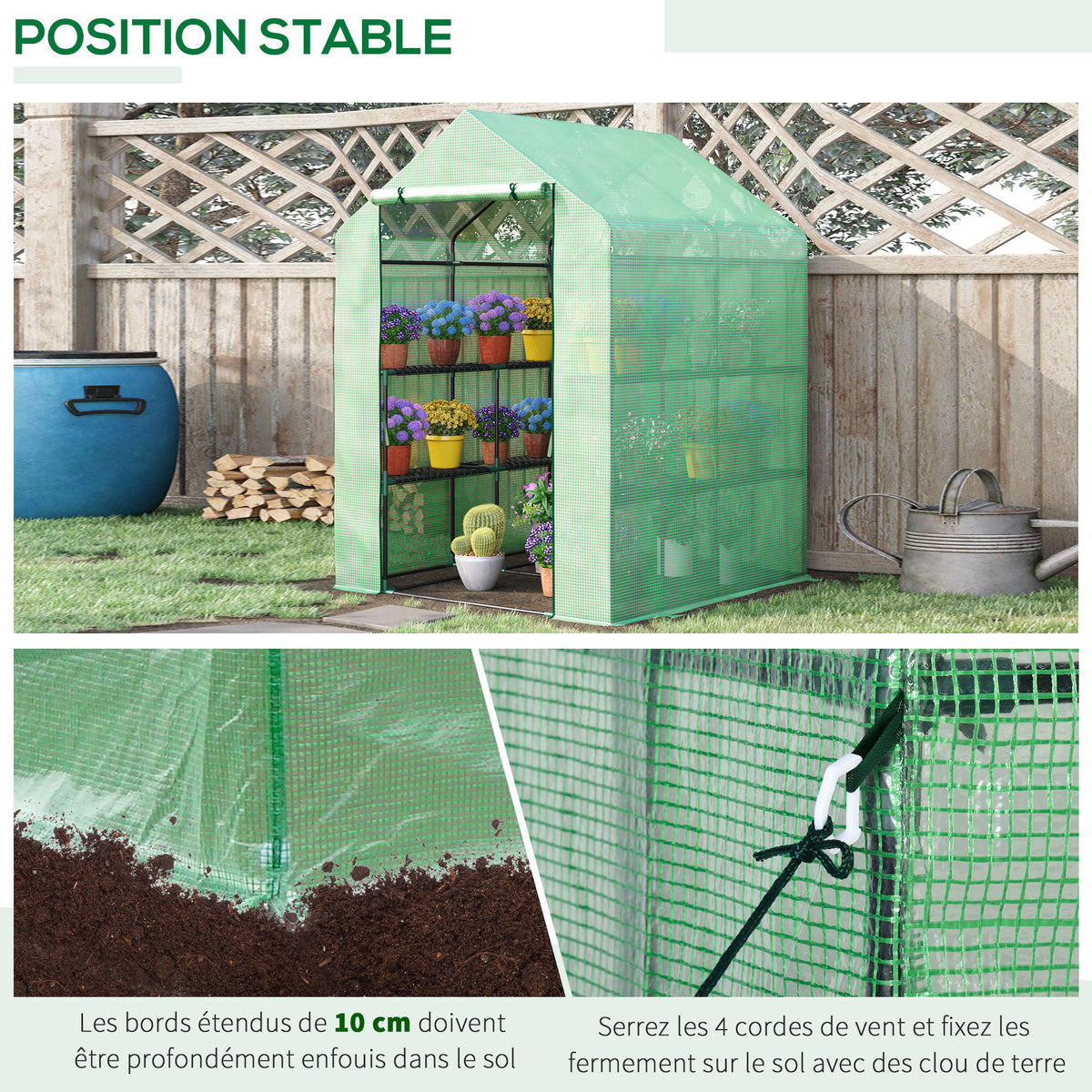 Serre de Jardin avec Étagères 3 Niveaux, Petite Serre de Balcon en Bâche PE 140 g/㎡ Renforcée 143 x 138 x 190 cm, Vert