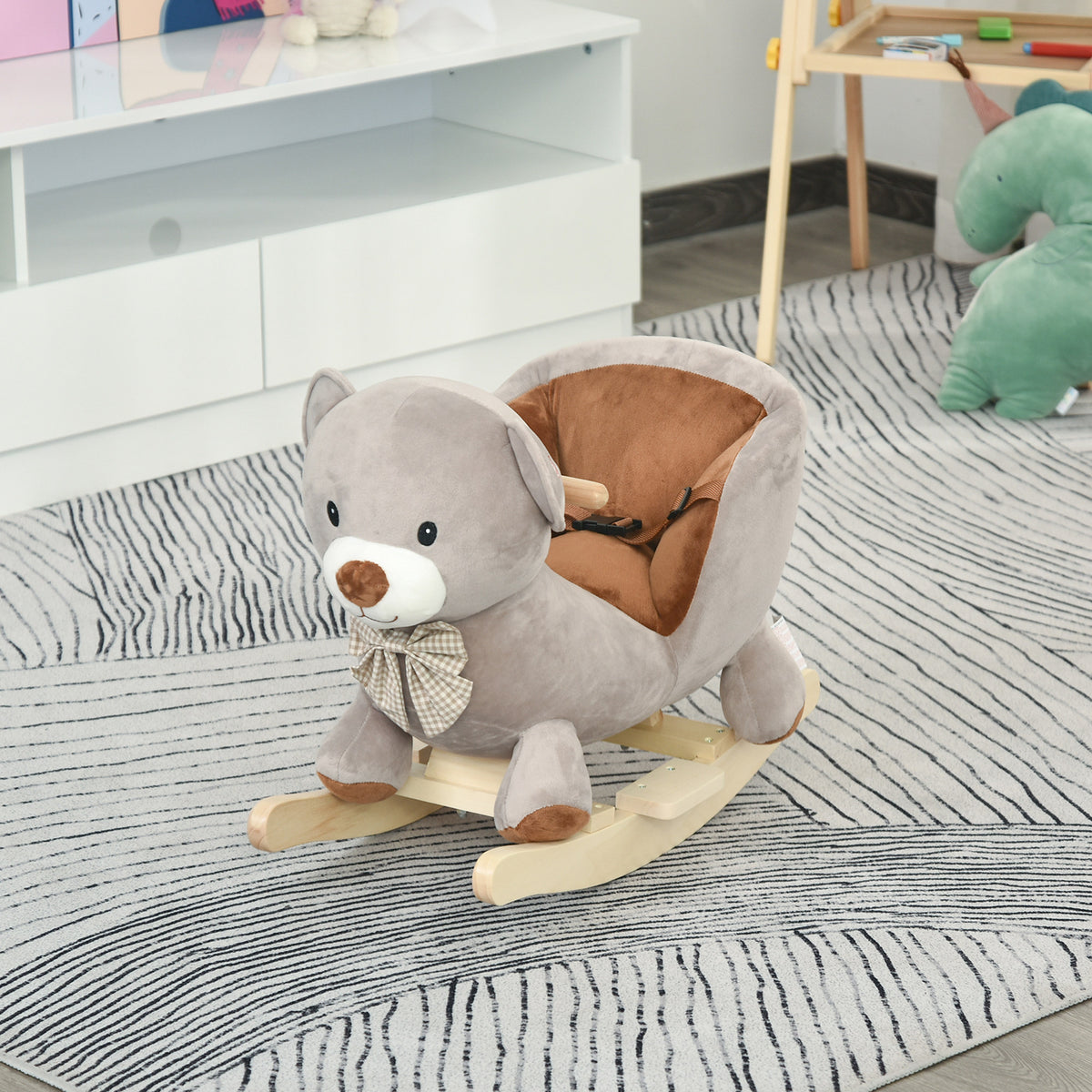 Cheval à Bascule Jouet à Bascule Ourson pour Enfants de 18-36 Mois Fauteuil intégré Ceinture de sécurité Fonction sonore grognement Gris Marron