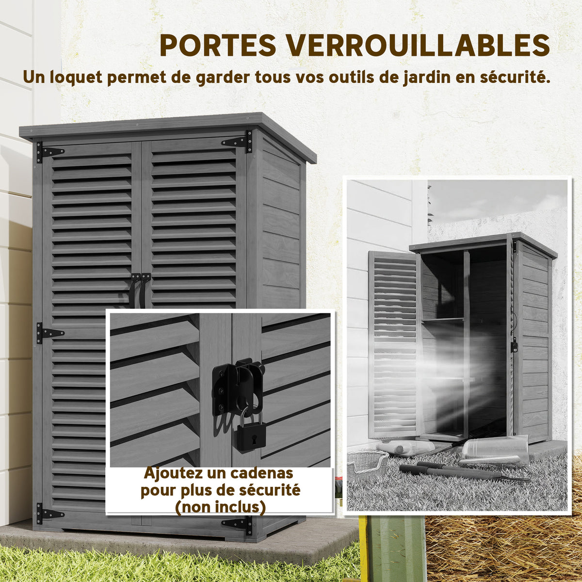 Armadio da giardino capanno per attrezzi in legno, 2 ripiani, tetto bitumato, porte a persiana, chiudibile a chiave, 75 x 50 x 118 cm, grigio