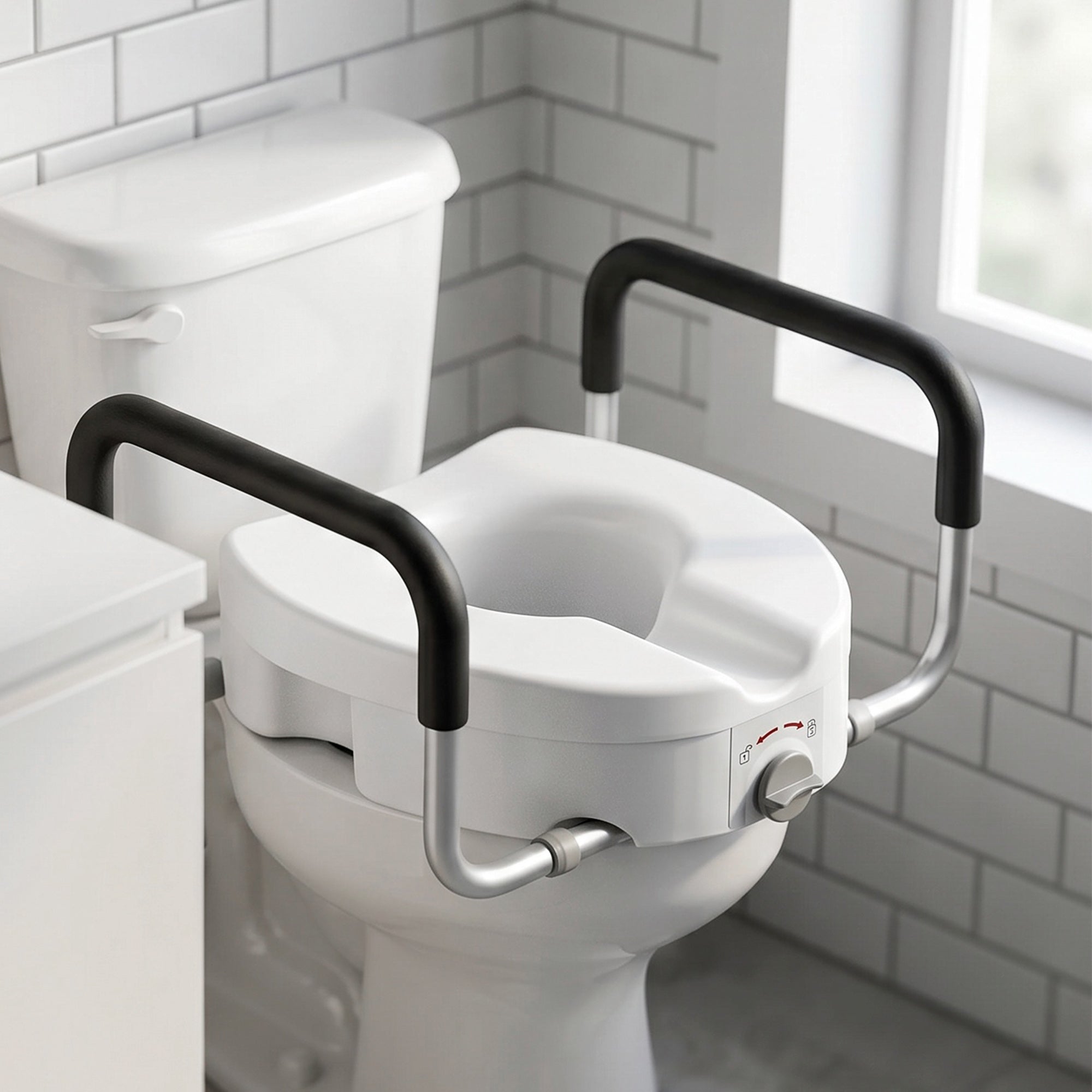 Rehausseur de siège de toilettes avec poignées, largeur réglable, accoudoirs rembourrés, blanc