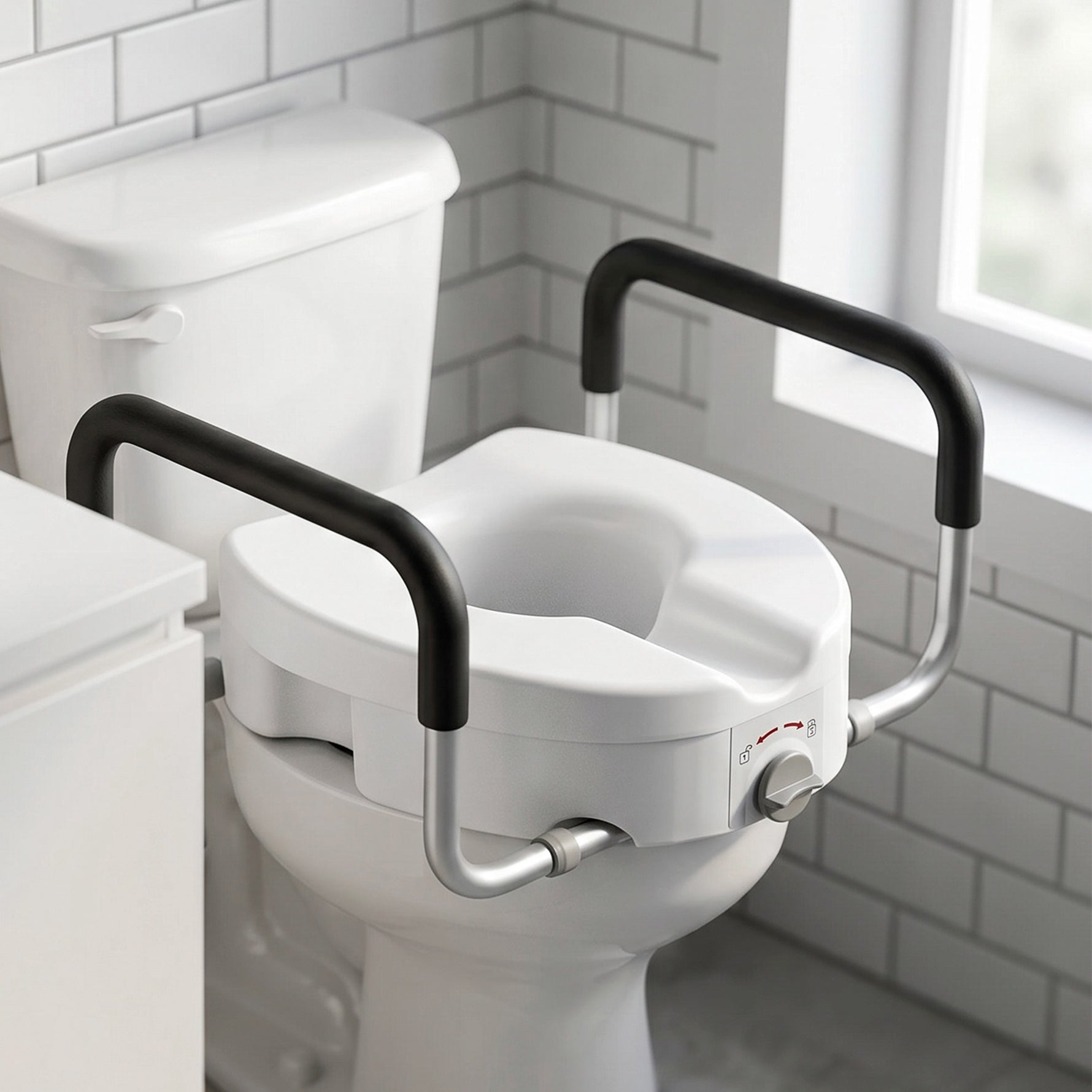 Rehausseur de siège de toilettes avec poignées, largeur réglable, accoudoirs rembourrés, blanc