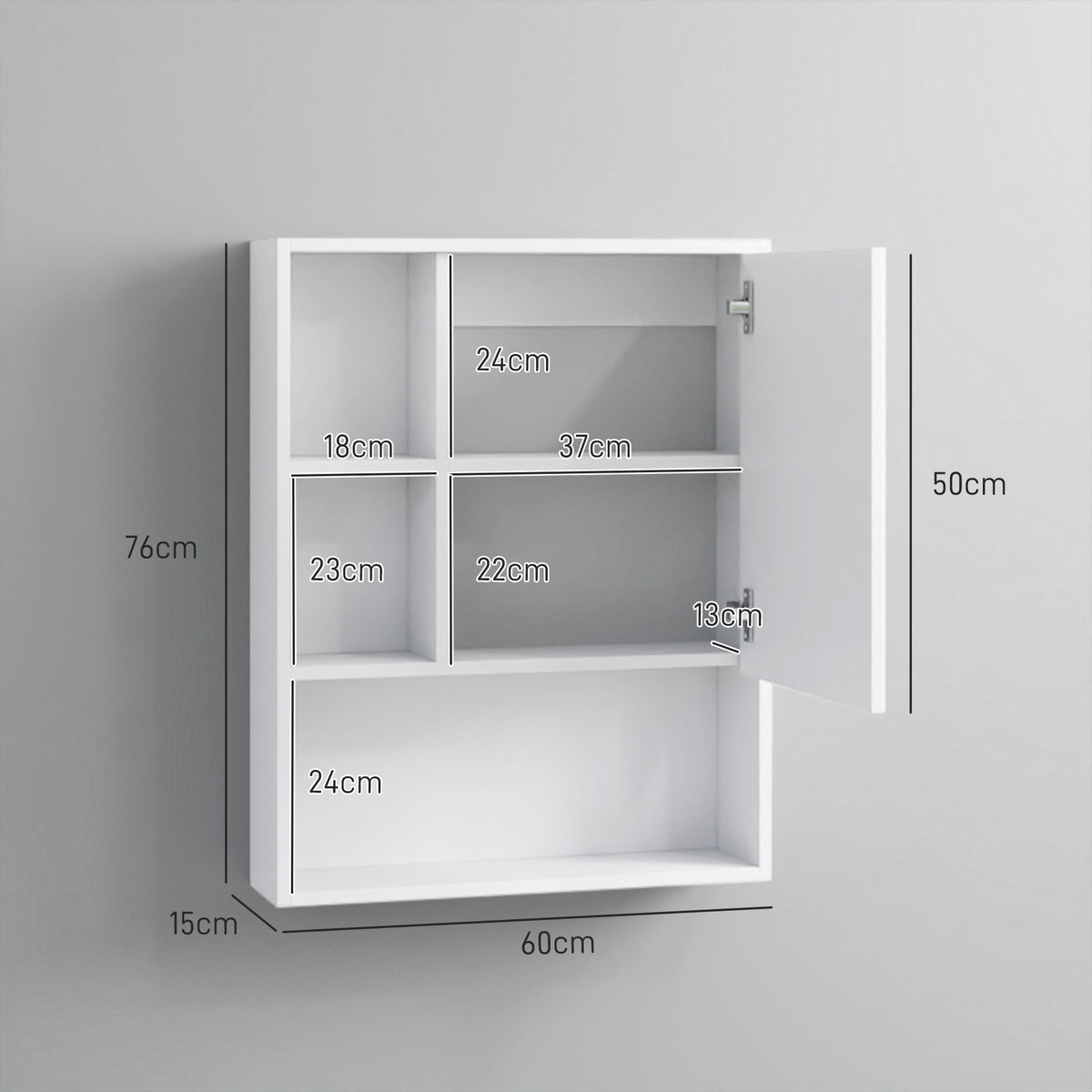 Armoire murale salle de bain avec miroir, meuble salle de bain, 5 compartiments et étagère réglable, 60x15x76cm, blanc