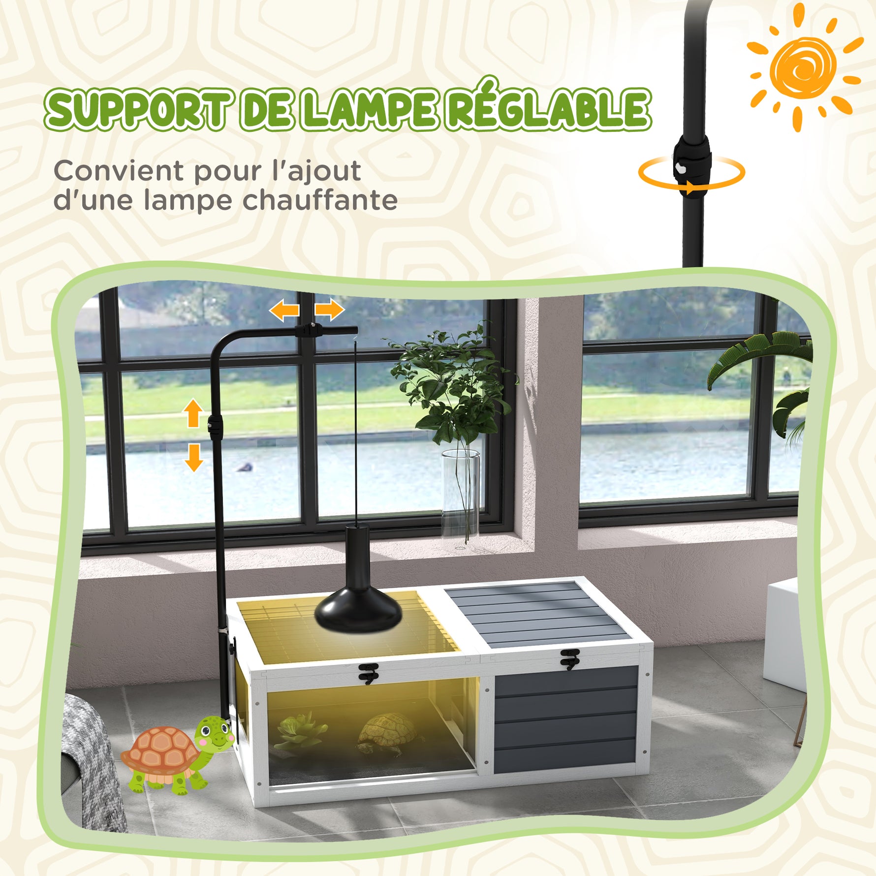 Maison enclos cage pour petit animal tortue avec 2 espaces support de lampe réglable 81 x 48 x 31,5 cm gris