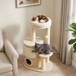 Arbre à Chat Multi-Niveaux avec Tonneau, Double Niche, Lit, Plateforme, Poteaux à Griffer en Sisal, 55x39x90cm, Beige
