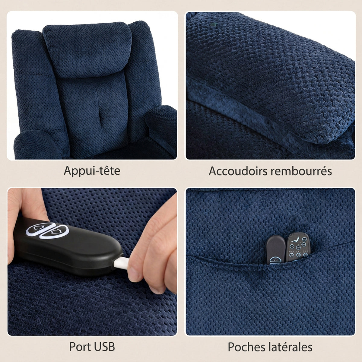 Fauteuil Releveur Électrique Massage Vibration et Chaleur, Fauteuil Relax Électrique en Velours, Dossier Inclinable Bleu