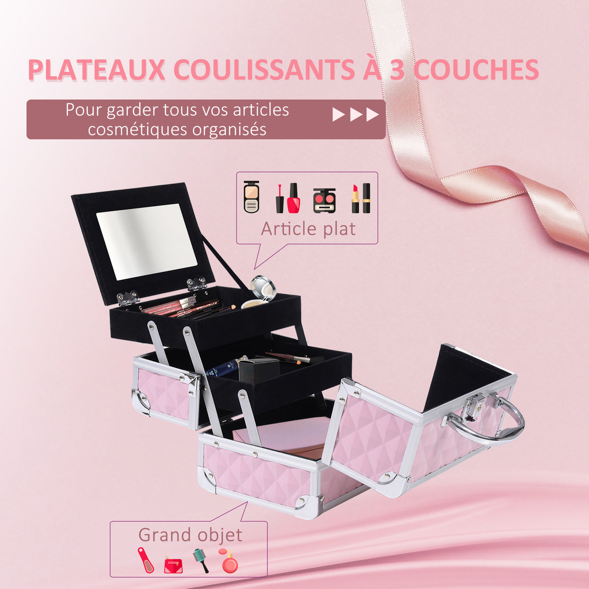 Mallette à maquillage rangement à 3 niveaux avec miroir verrouillage avec 2 clés dim. 20L x 15l x 15H cm rose