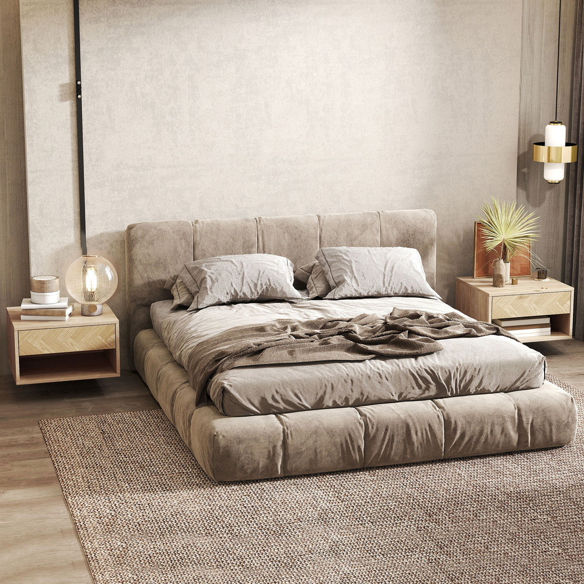 2er-Set Wandnachttische, Nachtschränke, Schublade, offenes Fach, Ablage, 37 x 32 x 21 cm, Naturholz