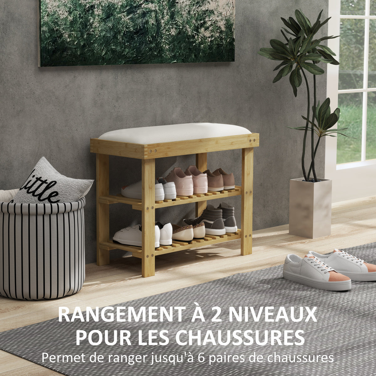 Banc à chaussures en bambou, étagère à chaussures à 3 niveaux, style scandinave, 60 x 29 x 49 cm, crème et bois naturel