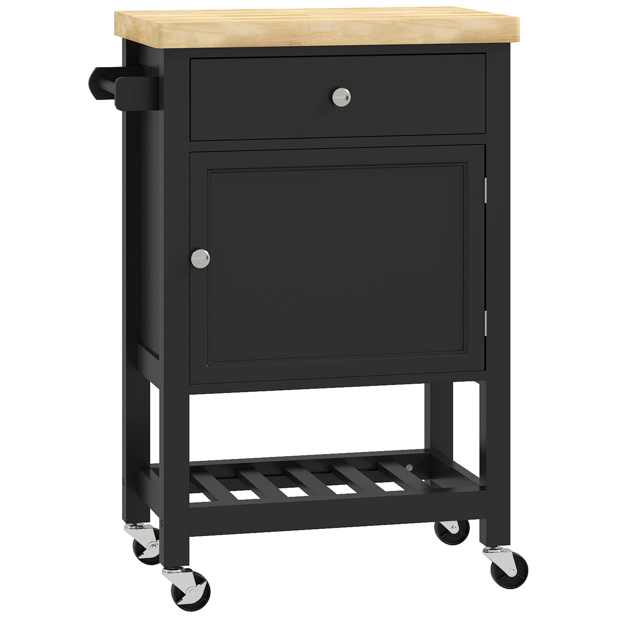 Carrello da cucina con ruote, carrello di servizio, piano di lavoro in legno di gomma, cassetto, 63,5 x 40 x 90 cm, nero