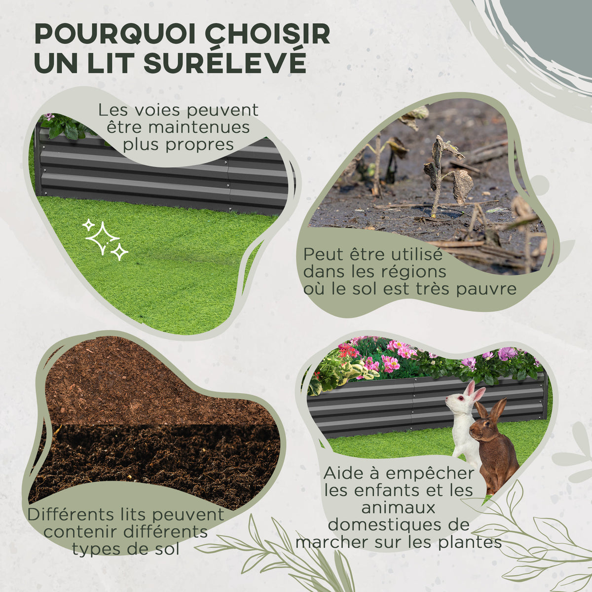 Carré potager jardinière rectangulaire en métal avec tuteurs pour tomates et plantes grimpantes 180 x 90 x 29,5 cm