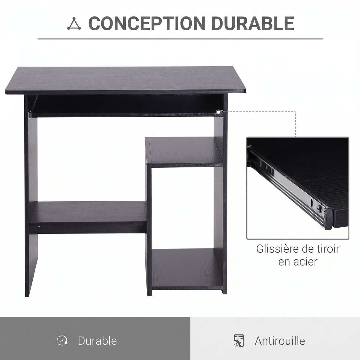 Bureau d'ordinateur, bureau avec rangement, plateau pour clavier et support de moniteur, 80 x 45 x 75 cm, noir