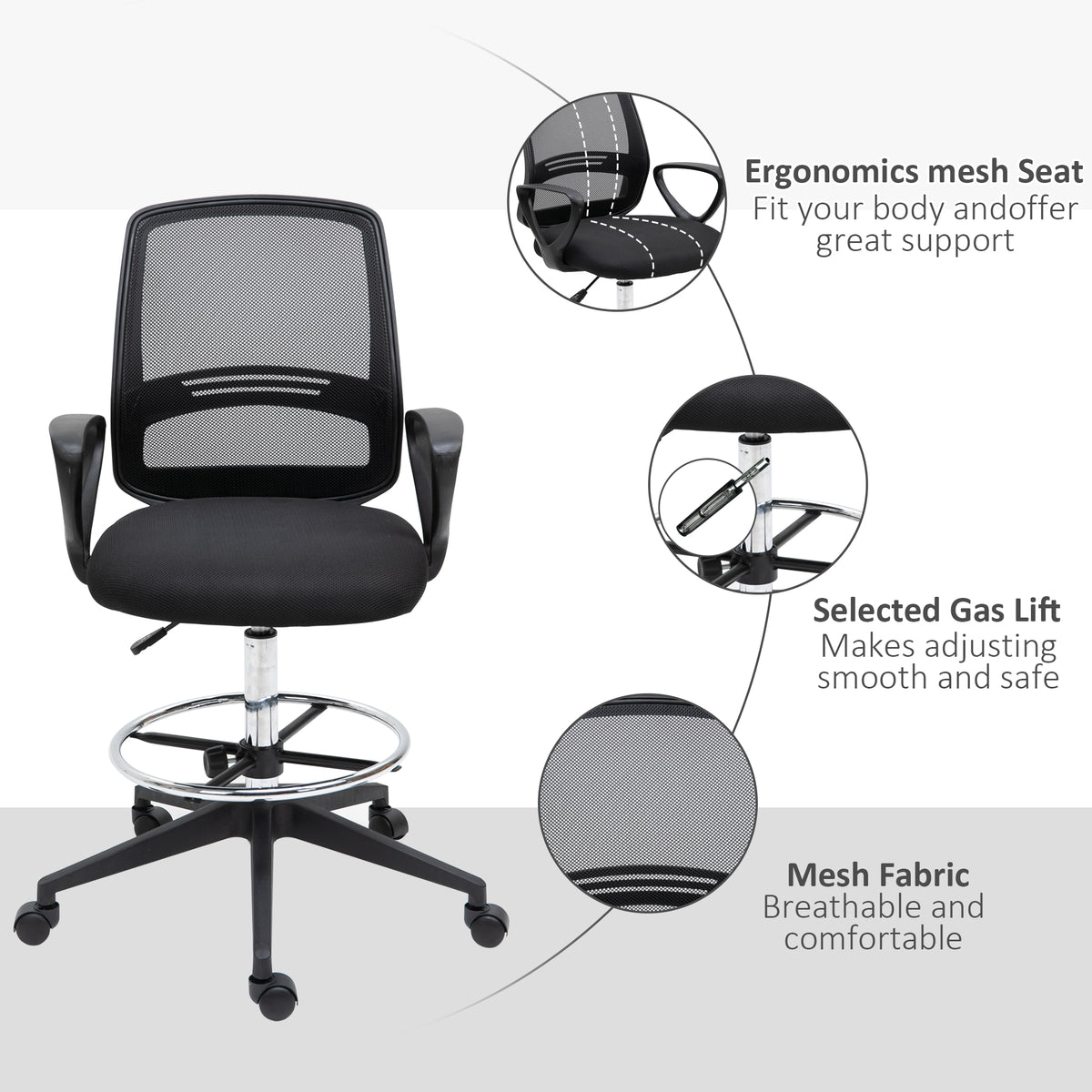 Fauteuil de bureau chaise de bureau assise haute réglable tabouret de bureau pivotant 360° maille respirante