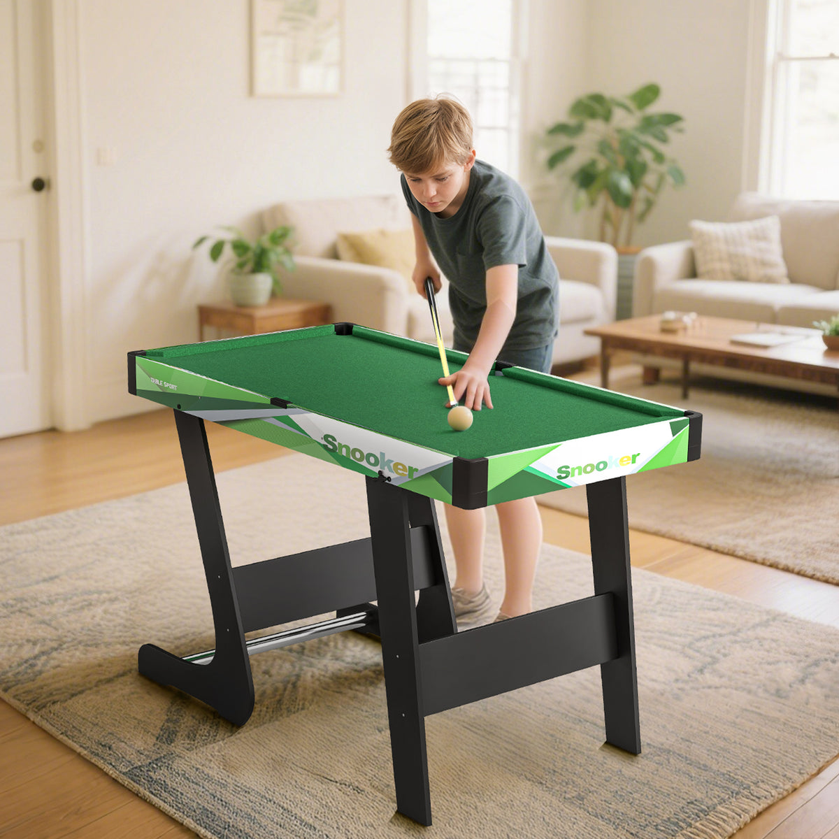 Tavolo da biliardo pieghevole con accessori: 2 stecche, 16 bilie, triangolo, gesso, dim. 104L x 55,5P x 68A cm, panno verde