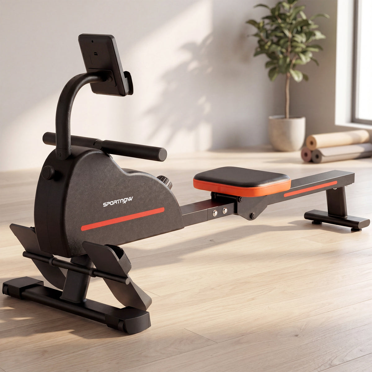 Etxeetarako arraun-makina, Bluetooth, Kinomap eta Zwift konektagarritasuna, 16 erresistentzia-maila, isila, 135x42x72cm, gorria
