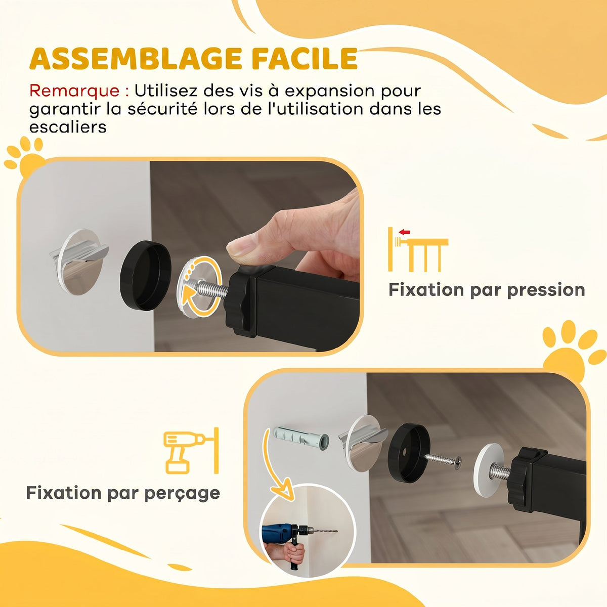 Barrière de sécurité animaux porte fermeture automatique système de double verrouillage sans perçage 3 extensions noir