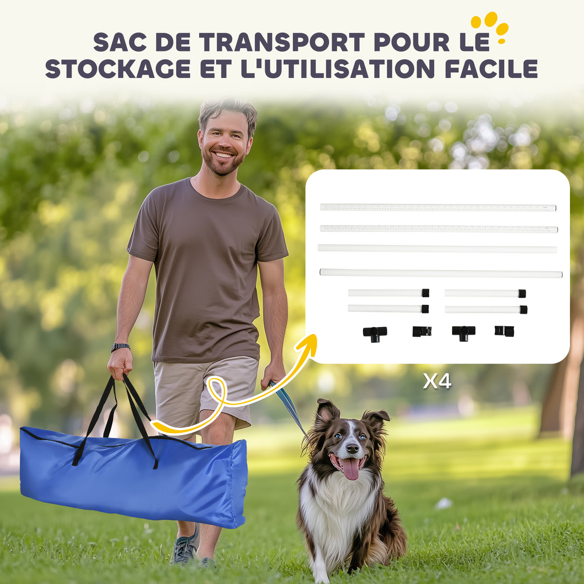 Agility pour Chiens, Kit Agility Chien Parcours, Set de 4 Obstacles Professionnels Hauteur Réglable, Système de Maintien au Sol, Sac de Transport, Jeux Intéressants, Entraînement, Blanc
