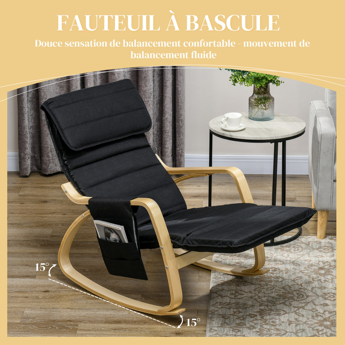 Fauteuil relax à bascule fauteuil allaitement avec repose-pieds réglable, poche latérale et appui-tête, noir