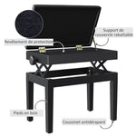 Banc de piano, banc de clavier réglable en hauteur en bois massif, tabouret piano avec compartiment caché, siège rembourré polyuréthane à 10 boutons, stable et antidérapant, charge 200kg, noir