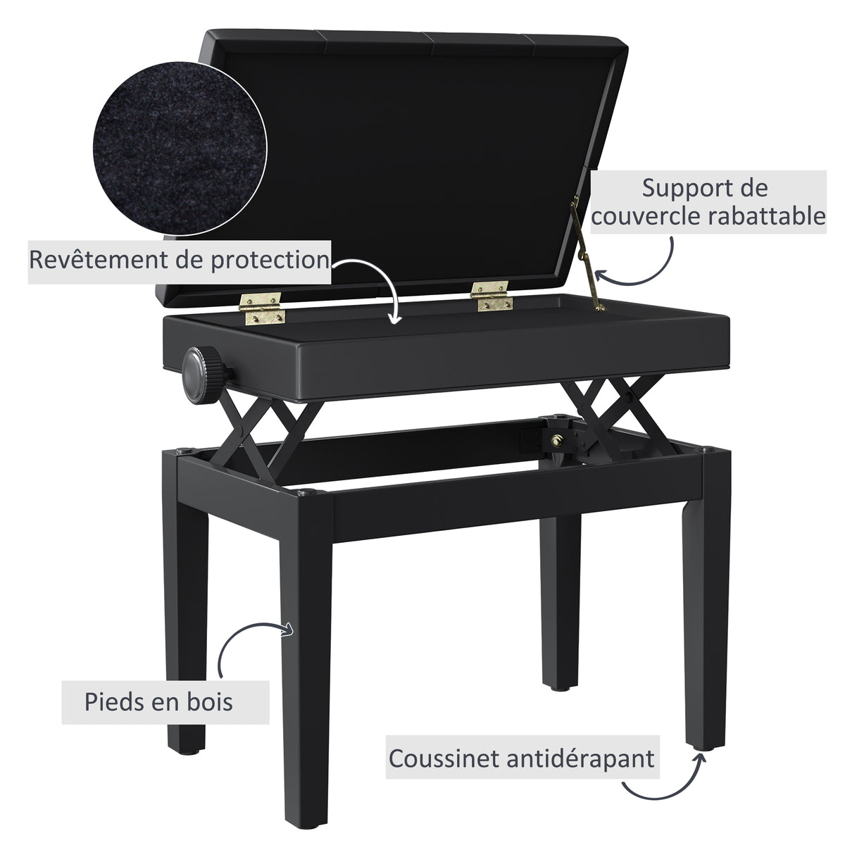 Banc de piano, banc de clavier réglable en hauteur en bois massif, tabouret piano avec compartiment caché, siège rembourré polyuréthane à 10 boutons, stable et antidérapant, charge 200kg, noir