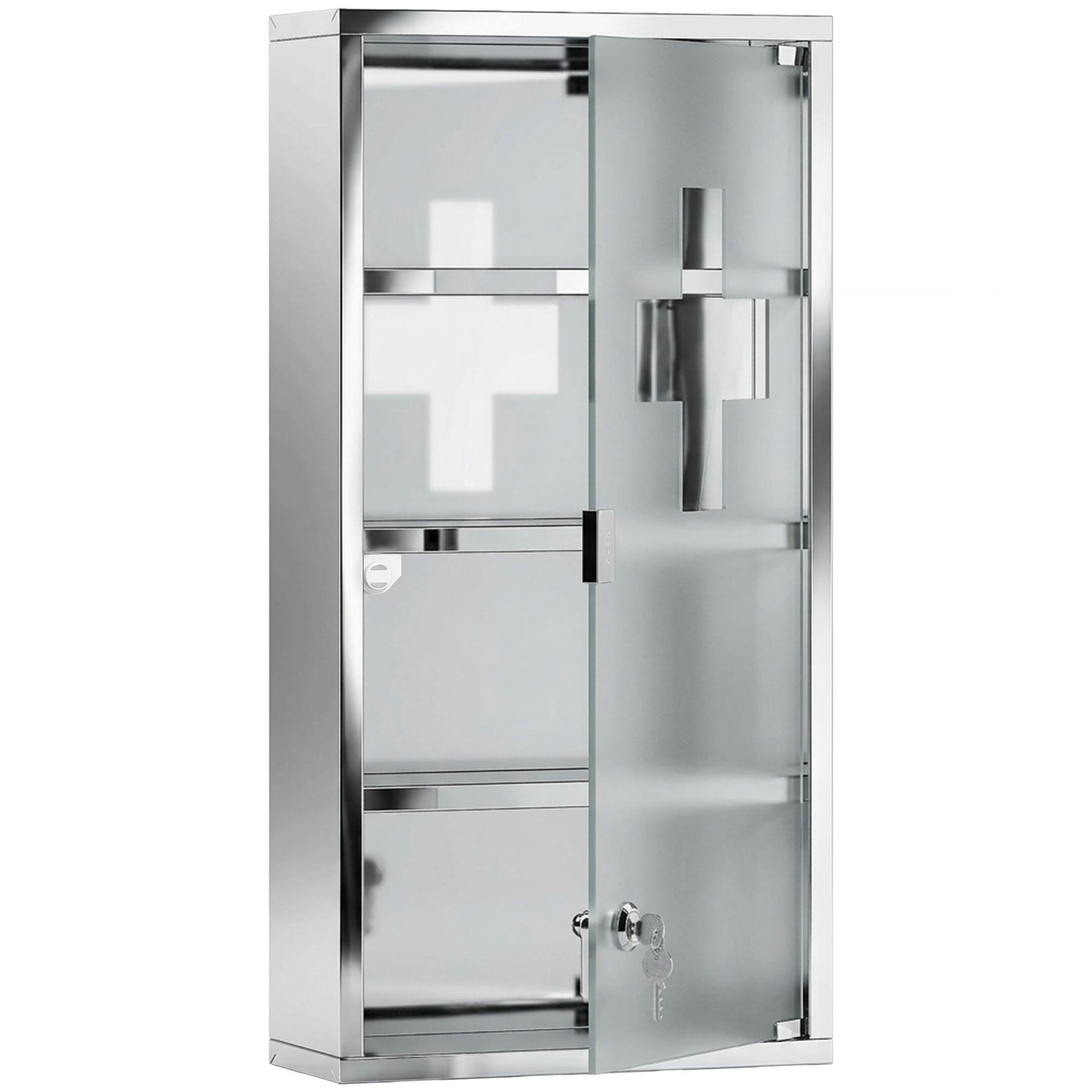 Armoire à Pharmacie 3 étagères 4 Niveaux 30L x 12l x 60H cm Porte Verre trempé Symbole Croix Acier Inoxydable brossé