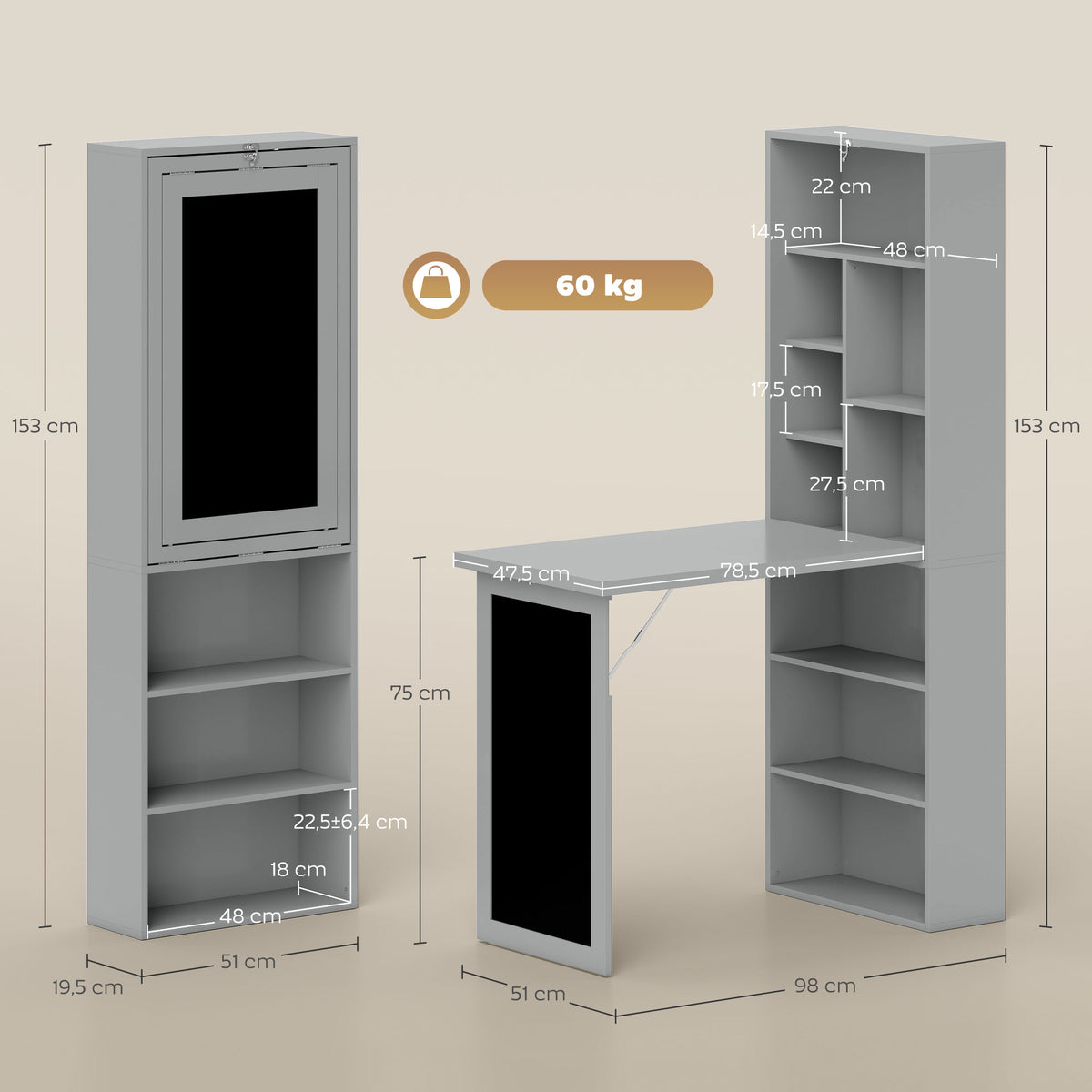 Bureau avec rangement pliable murale rabattable avec bibliothèque poste de travail tableau à craie et étagère réglable