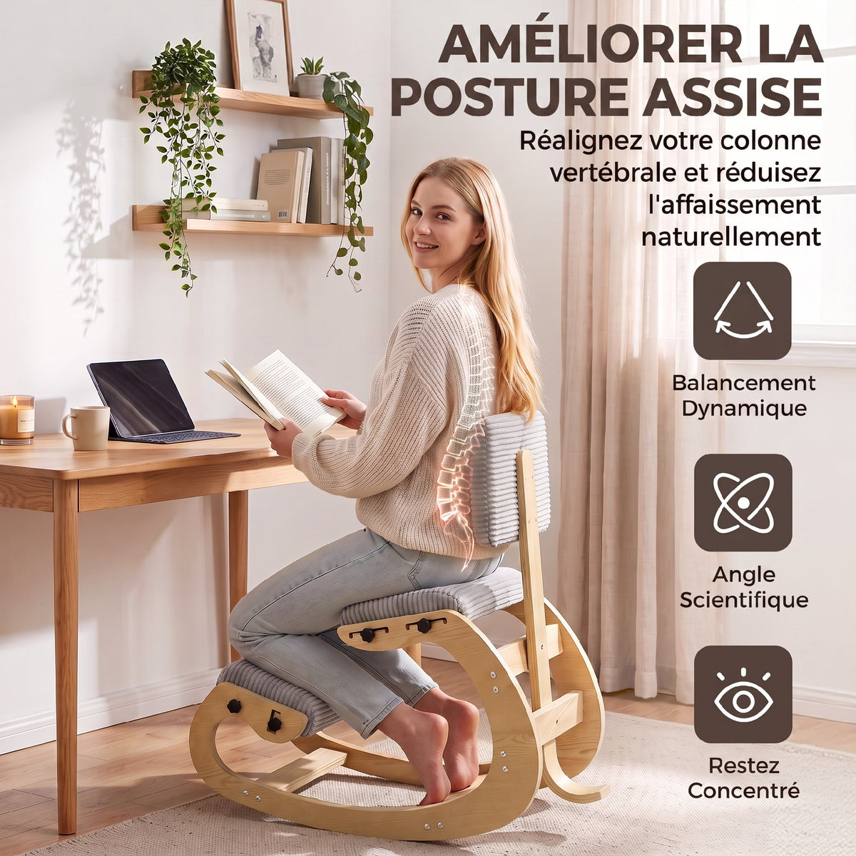 Ergonomic Kneeling Chair with Backrest, Corduroy Padded Rocking Kneeling Stool, Light Grey