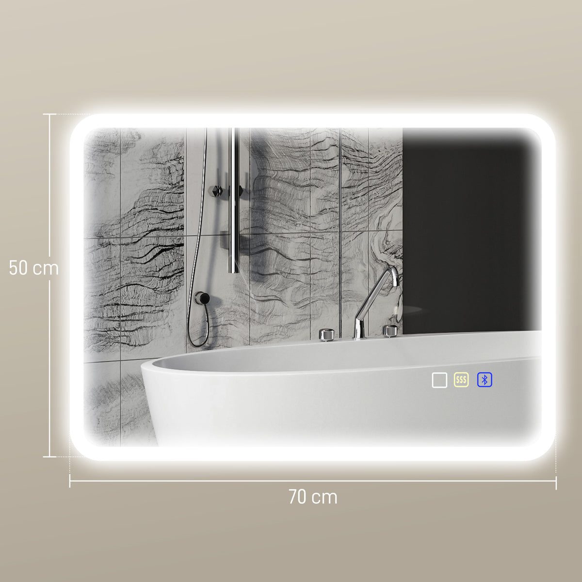 Miroir salle de bain LED bluetooth 50 x 70 cm interrupteur tactile lumière réglable 3 couleurs anti-buée mémoire argent