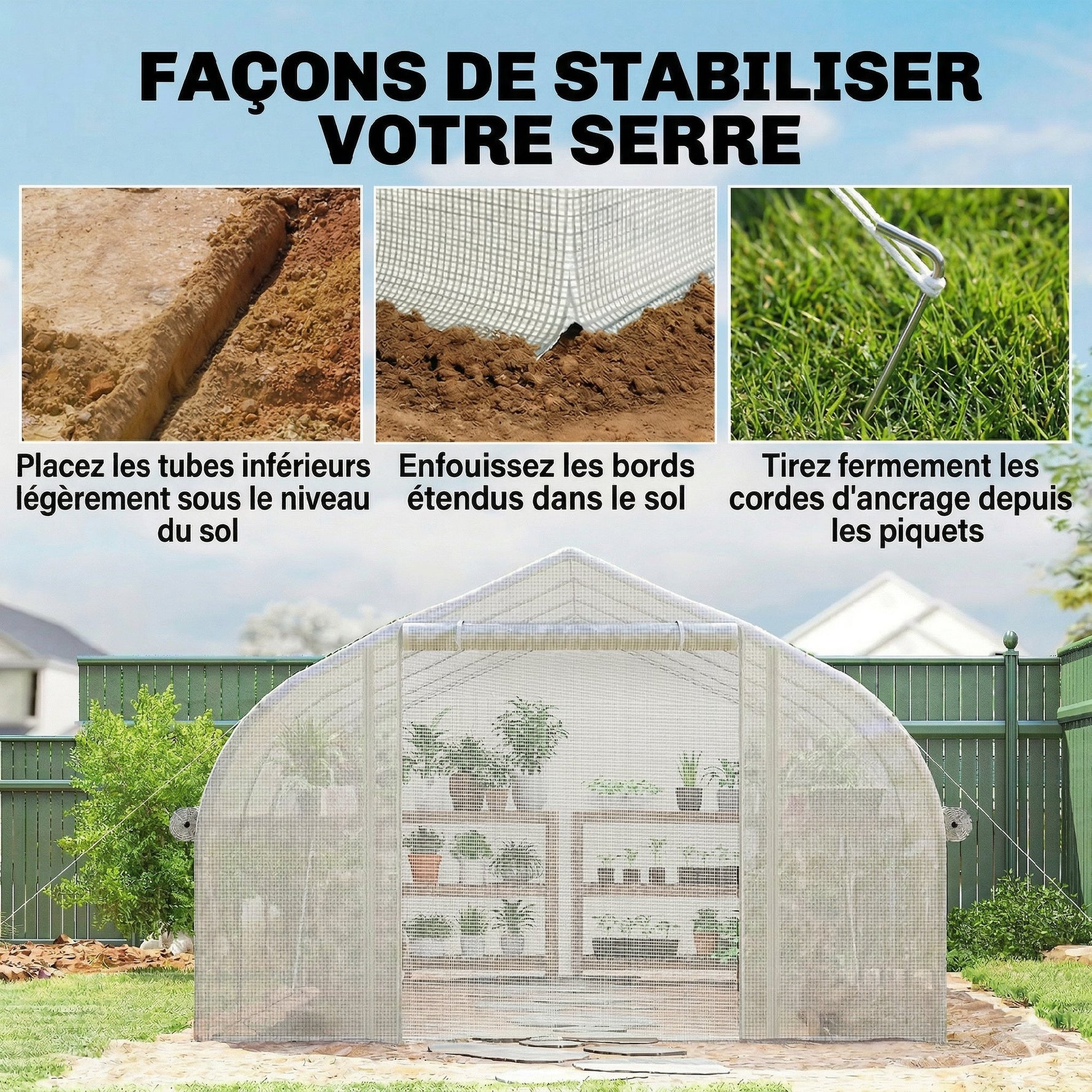 Serre tunnel de jardin 12 m², serre de jardin tunnel avec porte et 8 fenêtres, bâche PE 140 g/m² 400 x 200 x 200cm blanc