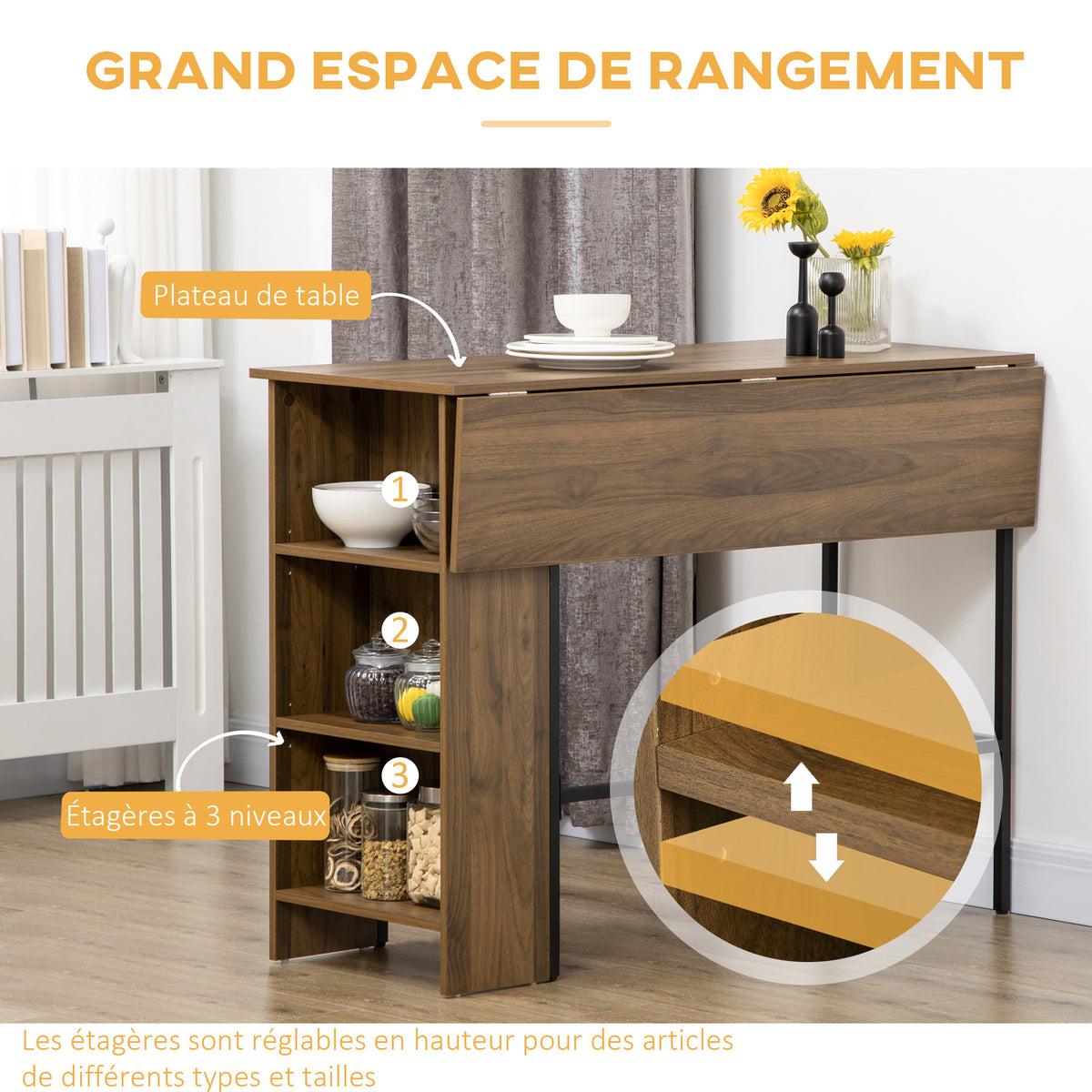 Centraal kookeiland bartafel met inklapbaar zijblad en 3 planken 120 x 76 x 91,4 cm bruin