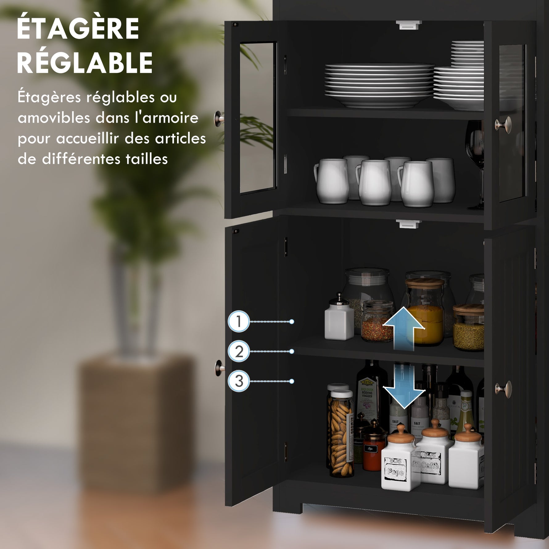 Armoire de cuisine buffet cuisine vaisselier meuble de rangement multi-rangements dim. 60I x 30P x 162H cm noir