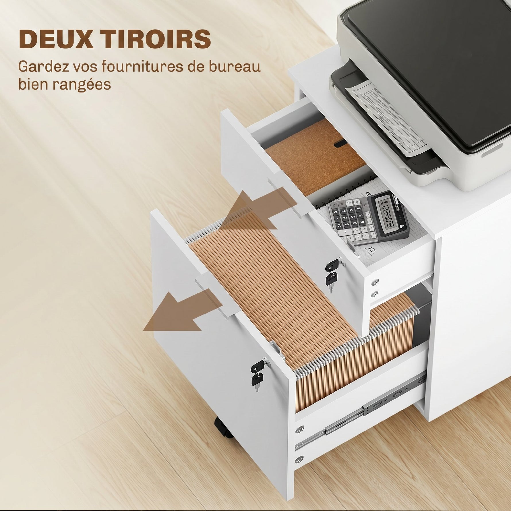 Caisson de bureau, meuble de rangement 2 tiroirs 2 barres pour dossier suspendu, verrouillable avec 2 clés 42x40x60 cm