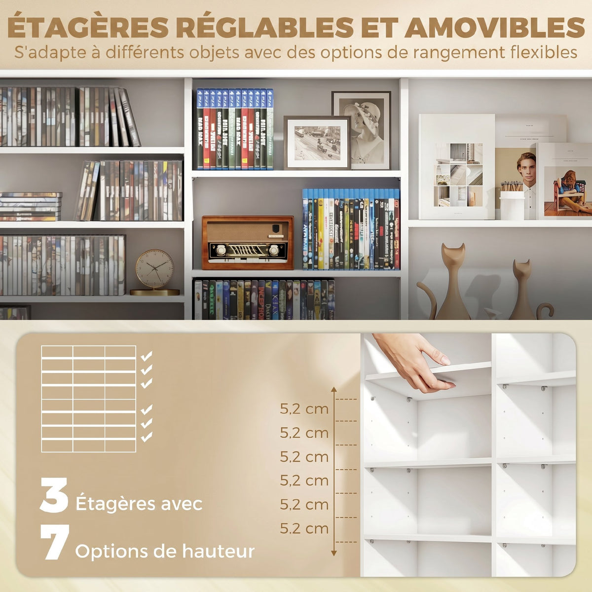 Meuble de rangement 1032 CDs / 594 DVDs, étagère multimédia, 24 compartiments et 18 étagères ajustables, blanc
