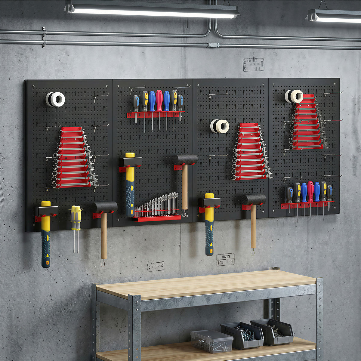 panneau perforé mural 600 x 400 mm, organiseur garage en acier avec 4 panneaux perforés, noir et rouge