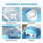 Cage pour hamster portable avec cabane, roue de course, gamelle, bouteille d'eau, 47,5 x 31,5 x 29,5 cm, bleu clair