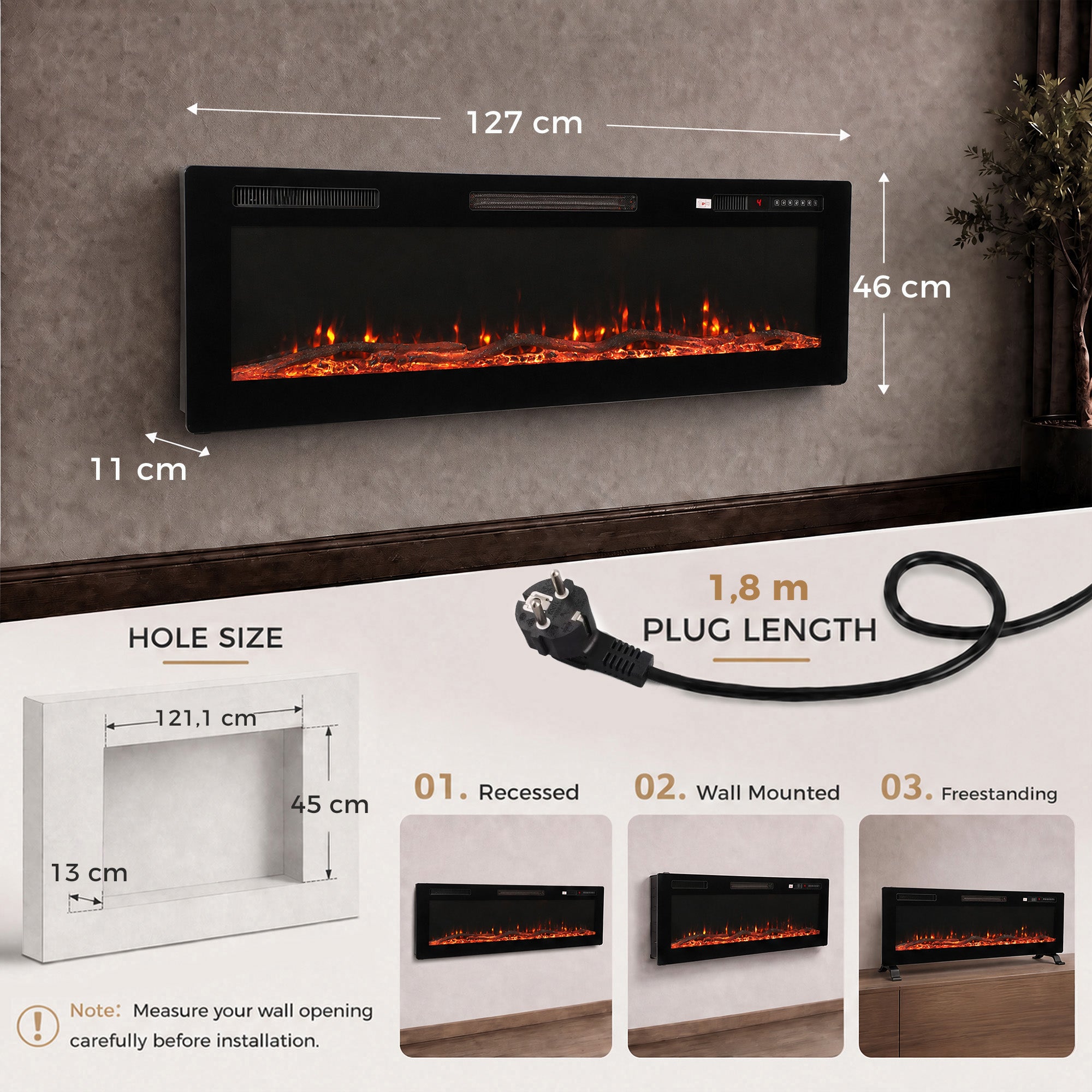 Elektrischer Wand- oder Standkamin 3-in-1, Dekorativer Kamin, extra flach, 900 W/1800 W, 3D-Flammeneffekt, Schwarz