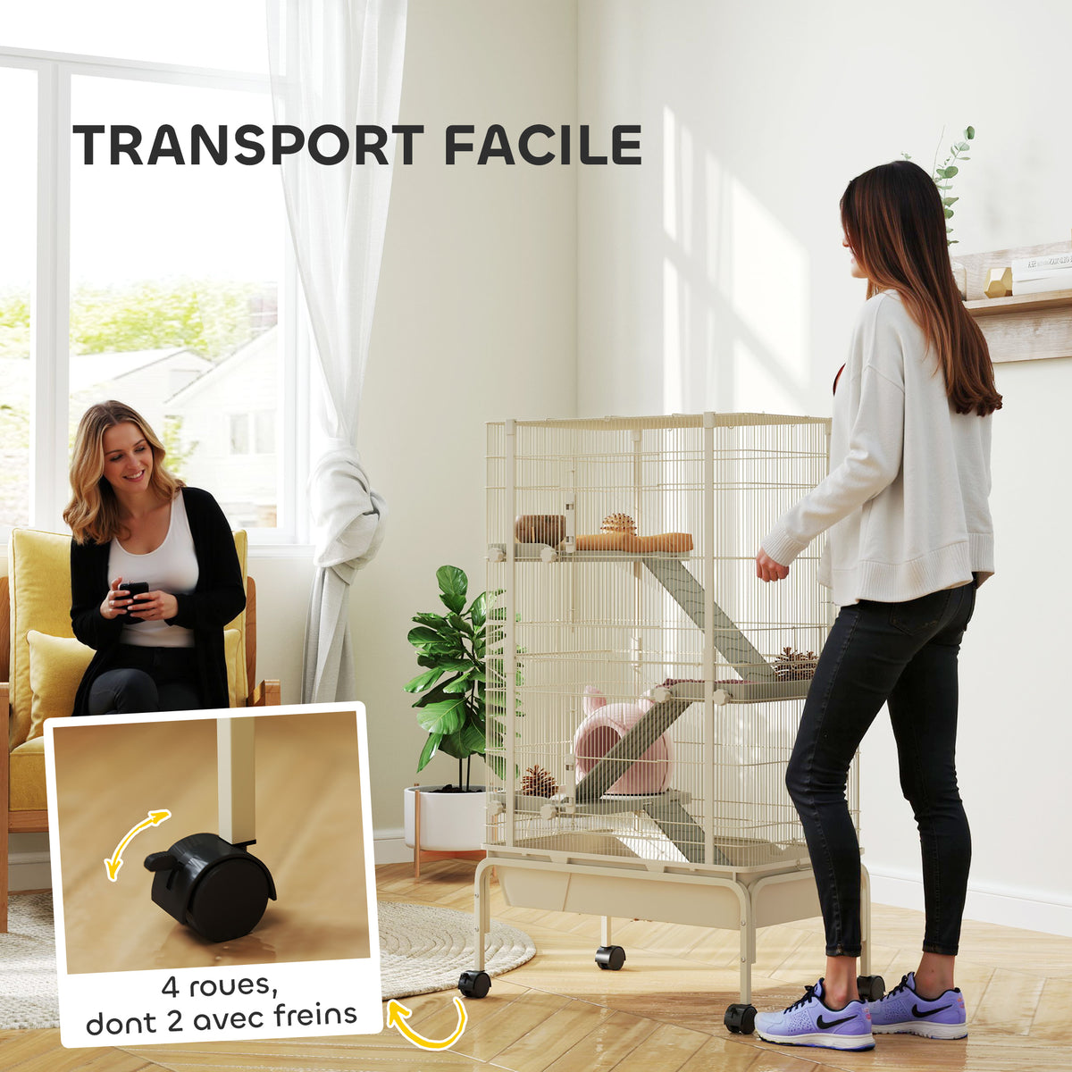 Cage pour lapin enclos à 4 niveaux avec 2 portes 3 rampes plateau profond roulettes 69 x 44 x 120 cm beige