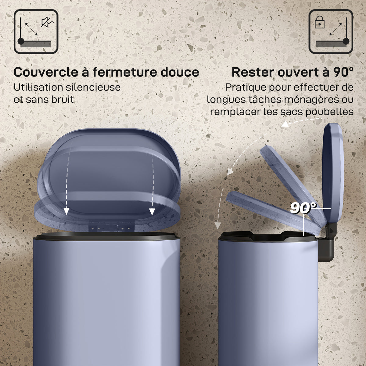 Poubelle cuisine 30L, poubelle à pédale, seau intérieur amovible, couvercle à fermeture douce, 36,5x31x61cm, gris