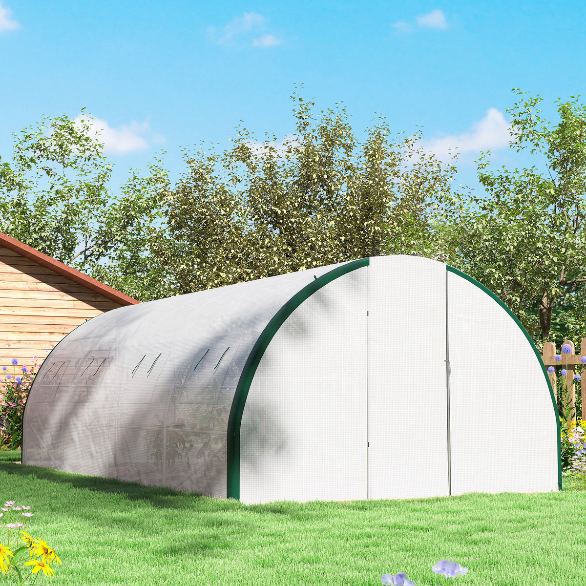 Serra a tunnel da giardino 18m², serra a tunnel con porte e 8 finestre, telo in PE 140g/m² 600 x 300 x 200 cm bianco