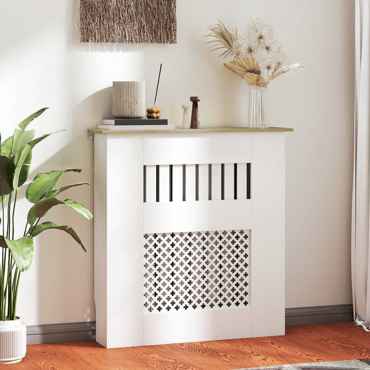 Couvercle de Radiateur en Bois à Lattes avec Détails Croisés et Étagère Supérieure, 78 x 19 x 81 cm, Blanc