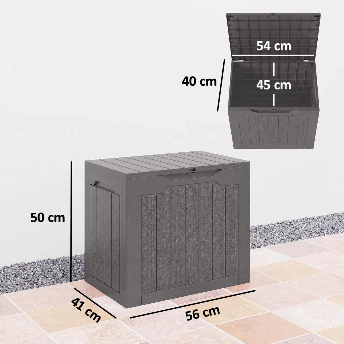 97L outdoor storage box with recessed handles, waterproof outdoor storage chest 56 x 41 x 50 cm, brown