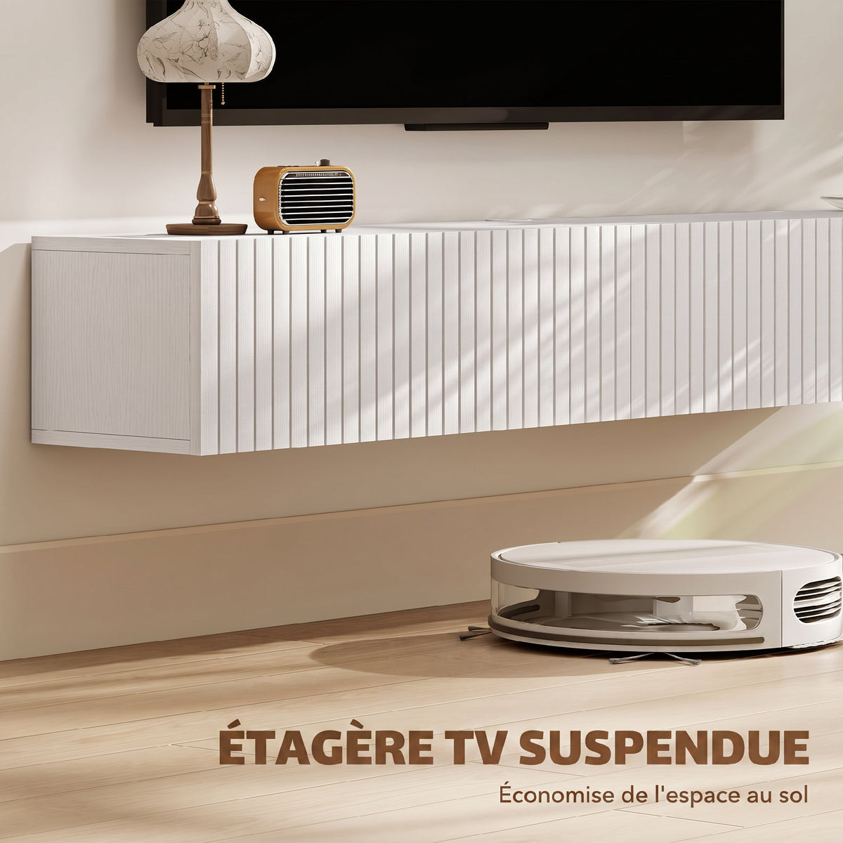 Meuble TV suspendu 140cm, meuble télé pour téléviseur 72 pouces, 2 portes rabattables, 140x25x22cm, blanc
