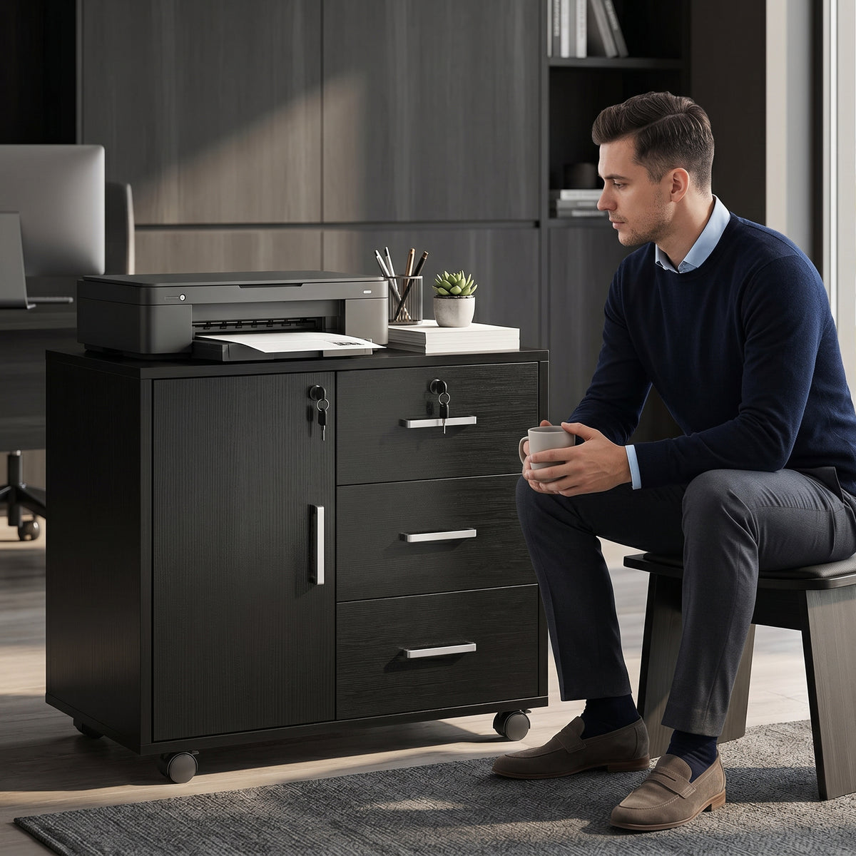 Caisson bureau meuble de rangement verrouillable avec 3 tiroirs et étagère réglable, roulettes, 40 x 60 x 56 cm, noir