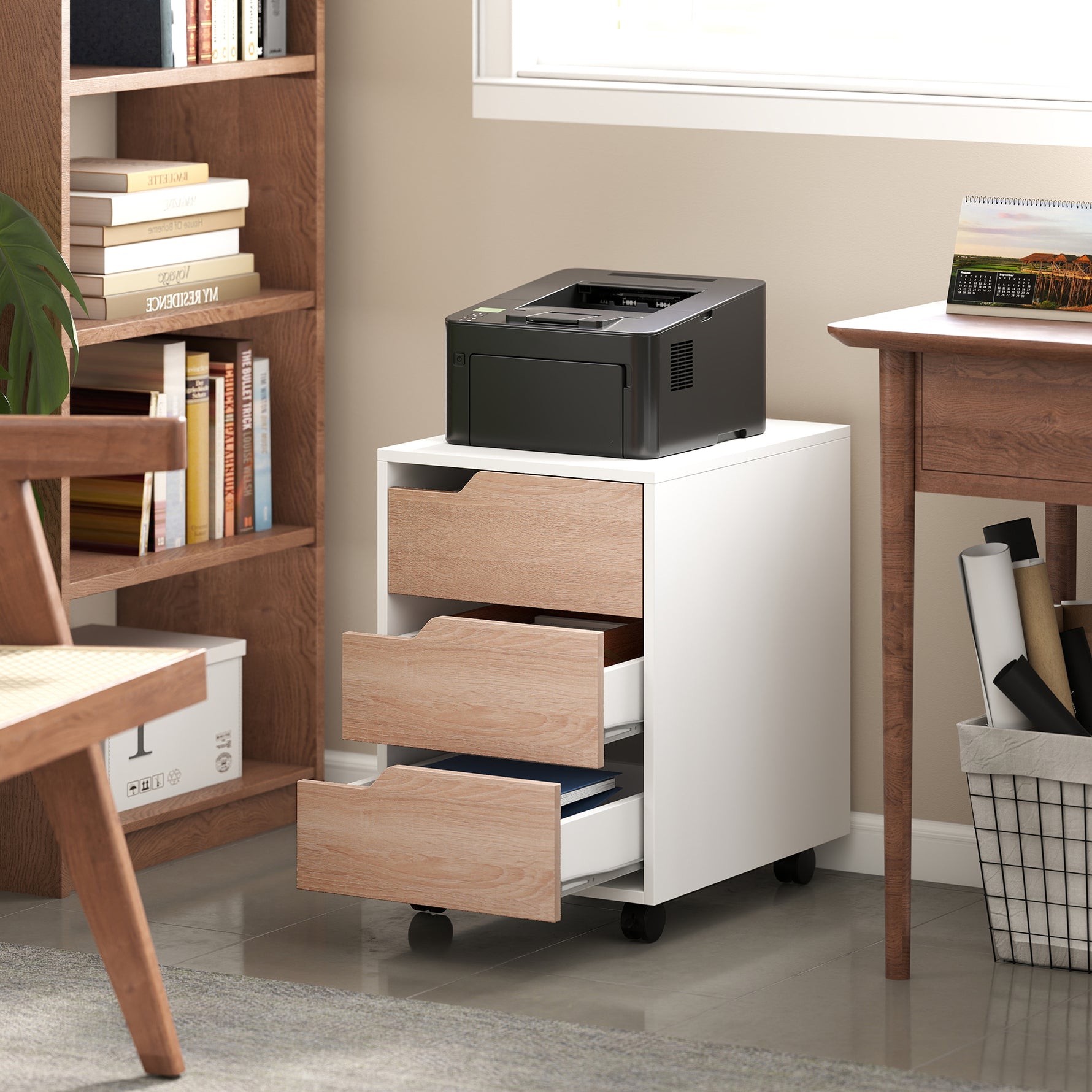Caisson bureau mobile, meuble rangement bureau sur roulettes, 3 tiroirs, 40x50x57,5cm, blanc et chêne