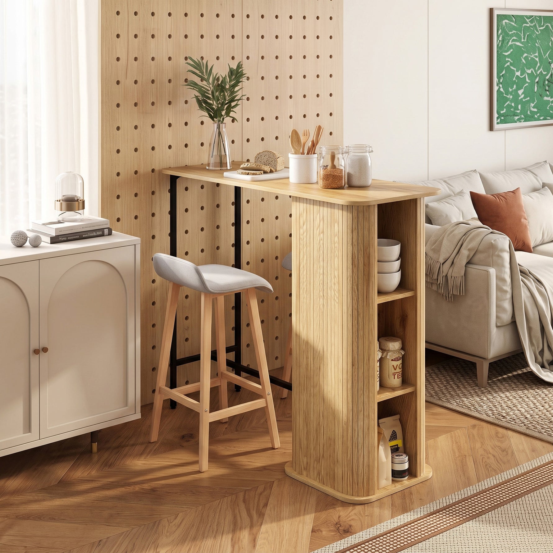 Table Haute Mange Debout, Table de Bar avec 3 Étagères de Rangement et Pieds en Métal, 112x50x106cm, Bois Naturel