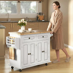 Keukeneiland met rubberhouten blad, keukentrolley op wielen met 2 lades, 111 x 44,5 x 82,5 cm, wit