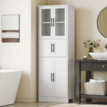 Meuble de salle de bain, meuble de rangement 6 niveaux, 6 portes dont 2 vitrées, étagères réglables, 60x30x170cm, blanc