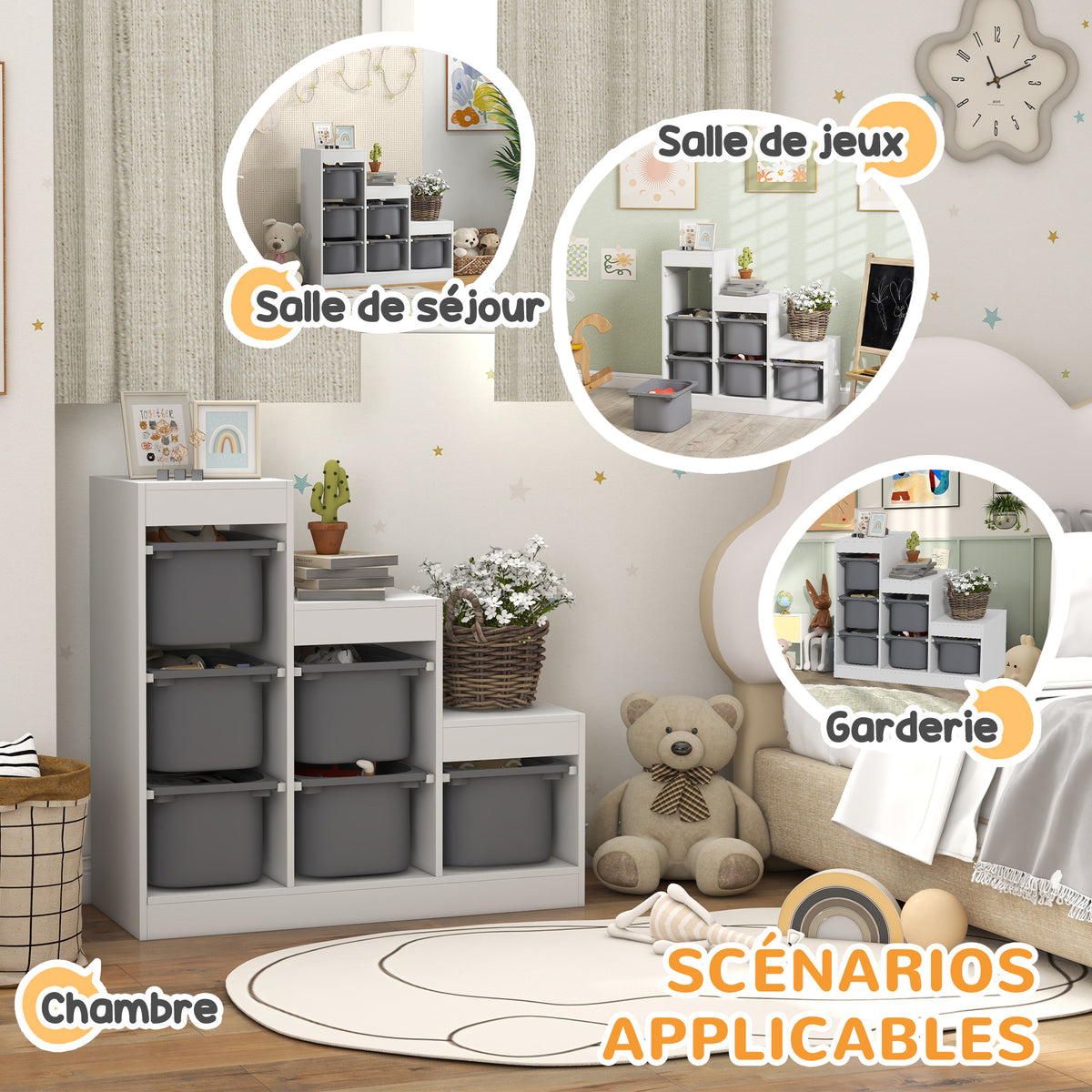 Children's toy storage unit with 6 removable bins, 3 storage levels, 96 x 38.5 x 90, grey